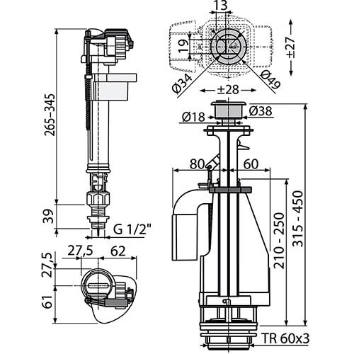 Арматура для унитаза 1/2 двойной смыв металл Alcaplast SA08SK