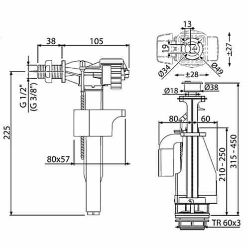SA2000 1/2 CHROM Арматура для унитаза гориз a15 стоп/кнопка ALCAPLAST