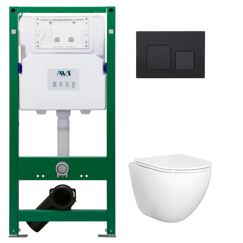 Комплект AVS 3в1: Инсталляция для унитаза 809-0006-7732C + Унитаз подвесной 801-0045-P-T2-GW + Клавиша смыва 809-0013-MB черная, квадратные кнопки Комплект AVS 3в1: Инсталляция для унитаза 809-0006-7732C + Унитаз подвесной 801-0045-P-T2-GW + Клавиша смыва 809-0013-MB черная, квадратные кнопки