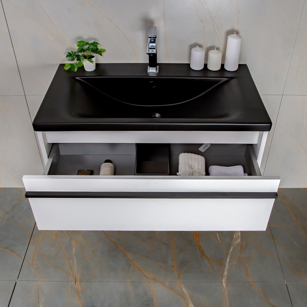 Тумба с раковиной AVS Графика 80 белая матовая с черной ручкой и раковиной Тумба с раковиной AVS Графика 80 белая матовая с черной ручкой и раковиной