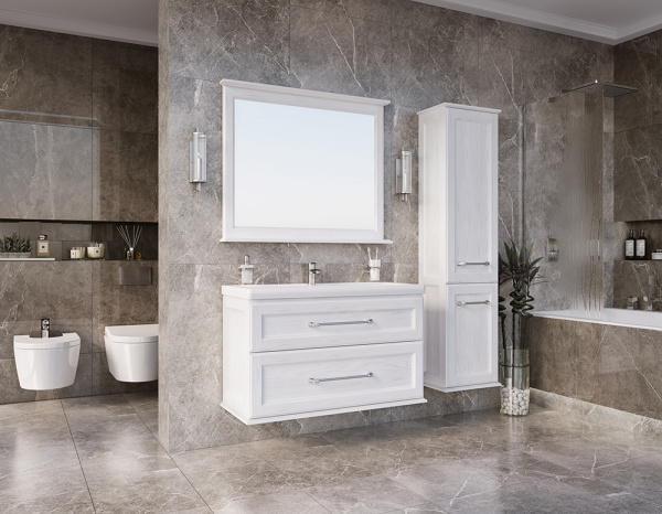 Тумба с раковиной ASB Wood Line Венеция 100 белая, патина серебро