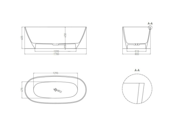 Ванна из искусственного камня отдельностоящая U-Solid NOA LIGHT 1700*80 матовая UMY Ванна из искусственного камня отдельностоящая U-Solid NOA LIGHT 1700*80 матовая UMY