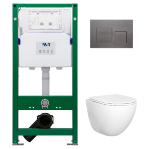 Комплект AVS 3в1: Инсталляция для унитаза 809-0006-7732C + Унитаз подвесной 801-0045-P-T2-GW + Клавиша смыва 809-0013-GM оружейная сталь, квадратные кнопки