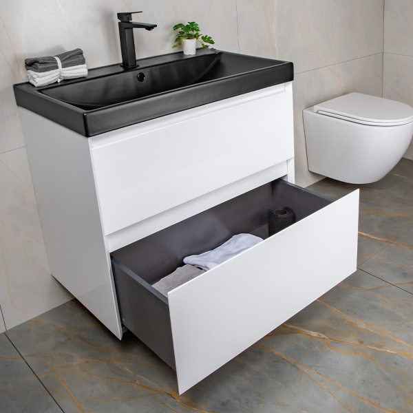 Тумба с раковиной AVS Гармония 80 белая (раковина 02 черная матовая)